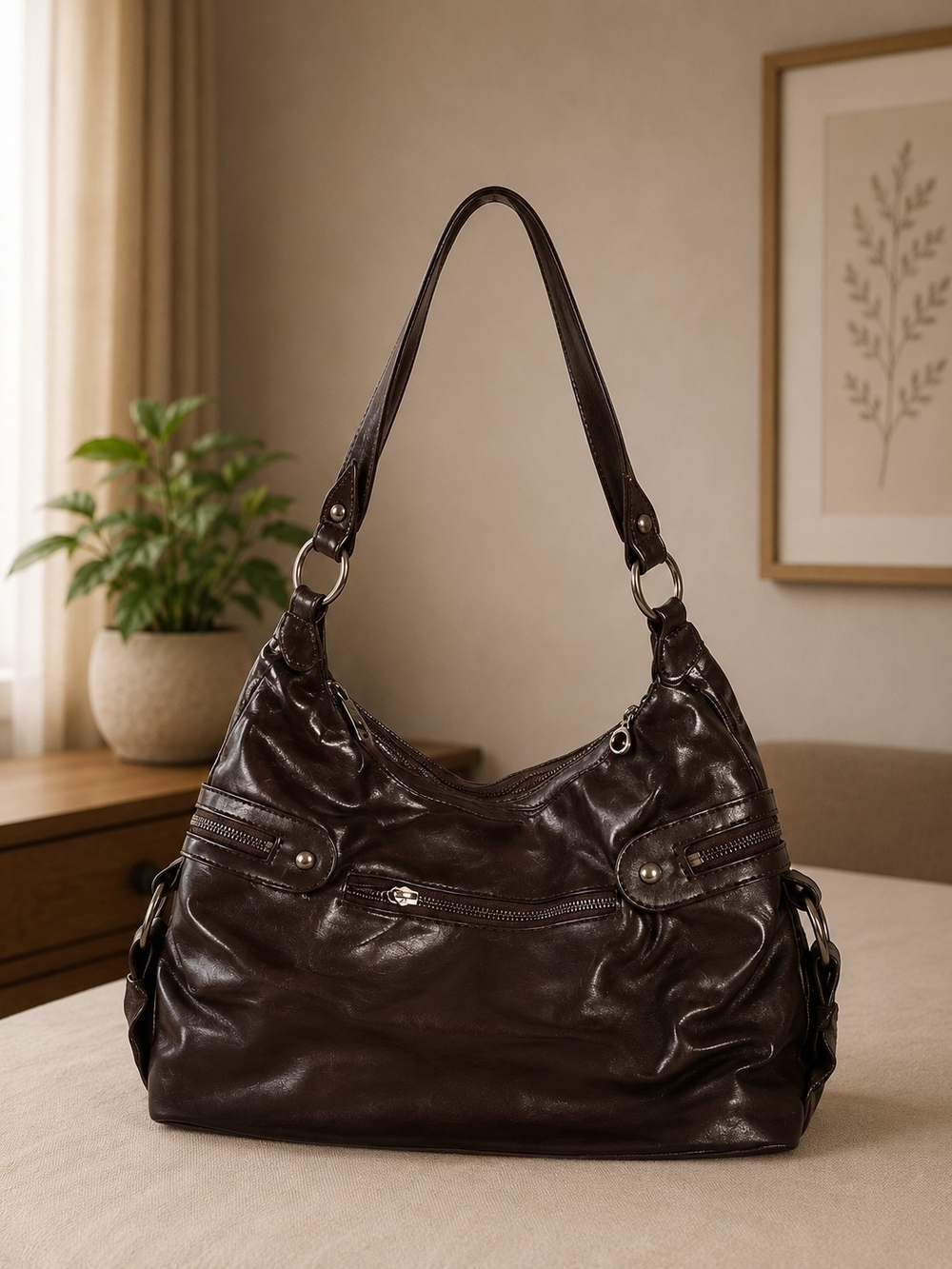Monogram Dark Brown Leather Shoulder Bag - Picture 4 of 4